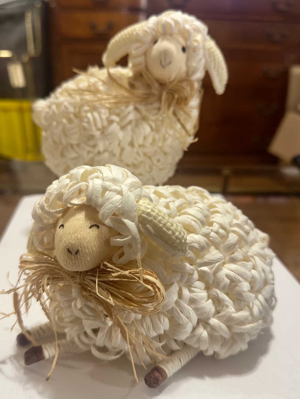 Pier 1 Imports Woven Raffia Sheep Figurines 1990s